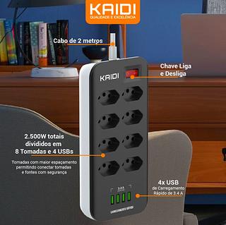 KAIDI - EXTENSOR ELETRICO 8 TOMADAS 2500W + 4 USB - KD-602