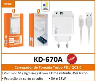 KAIDI - CARREGADOR FONTE USB + COM CABO iOS 20W - KD-670A