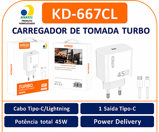 KAIDI - CARREGADOR TURBO 45W TC/IOS