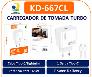 KAIDI - CARREGADOR TURBO 45W TC/IOS
