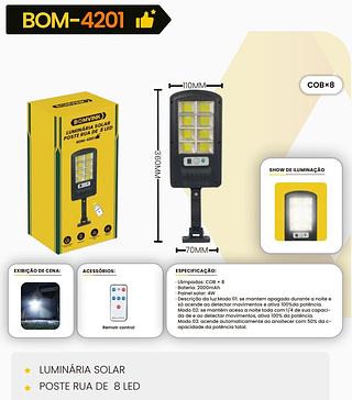 BOMVINK - LUMINARIA SOLAR POSTE DE RUA 8 LED - BOM-4201