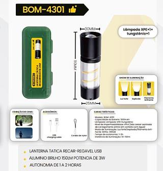 BOMVINK - LANTERNA TATICA RECARREGAVEL USB - BOM-4301