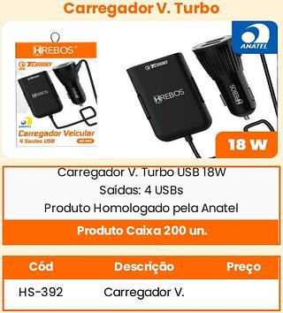 HREBOS - CARREGADOR VEICULAR EXTENSAO 4 ENTRADAS USB 18W - HS-392