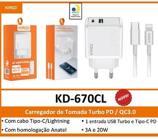 KAIDI - CARREGADOR FONTE USB + C COM CABO TC-iOS 20W - KD-670CL