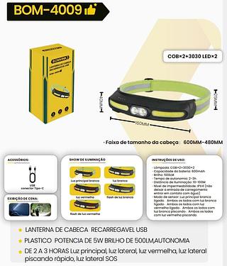 BOMVINK - LANTERNA DE CABEÇA RECARREGAVEL - BOM-4009