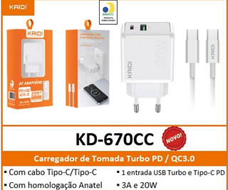KAIDI - CARREGADOR TURBO CABO TC COM ENTRADA TC E USB - KD-670CC