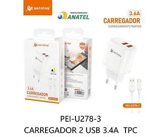 PEINING - CARREGADOR RAPIDO 2 USB 3.6A TC - PEI-U278-3