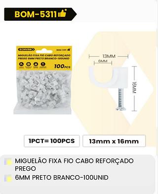 MIGUELAO FIXA FIO CABO REFORÇADO PREGO 6MMPRETO BRANCO-100UNID