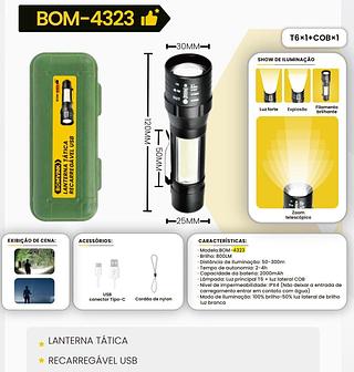 BONVINK - LANTERNA TATICA RECARREGAVEL USB - BOM-4323