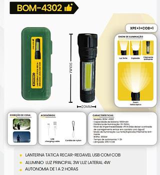 BOMVINK - LANTERNA TATICA RECARREGAVEL USB COM COB - BOM-4302