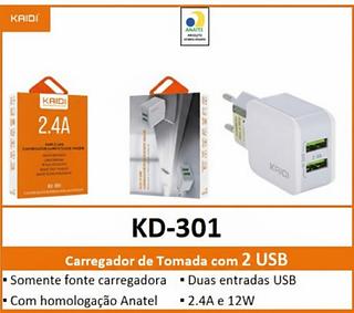 KAIDI - FONTE 2 ENTRADAS USB 12W 2.4A