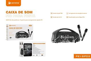 PEINING - CAIXA DE SOM MULTIFUNCIONAL COM 2 MICROFONES 400W DE POTENCIA - PEI-SP02