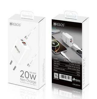 CARREGADOR NEO CHARGE + CABO DUAL TYPE-C 20W