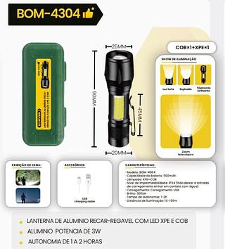 BOMVINK - LANTERNA DE ALUMINIO RECARREGAVEL COM LED XPE E COB - BOM-4304
