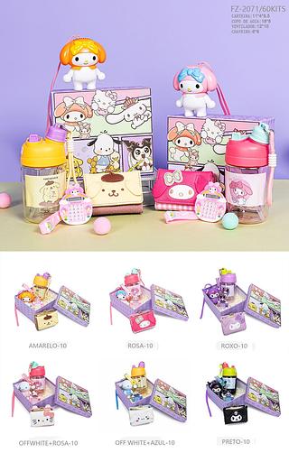 CAIXA DE PRESENTE INFANTIL KIT 4 EM 1 - MINI VENTILADOR / MINI CALCULADORA / BOLSINHA / GARRAFA