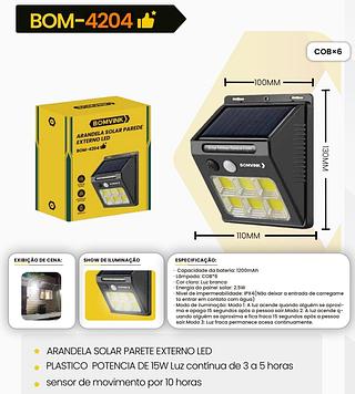 BOMVINK - ARANDELA SOLAR DE PAREDE EXTERNA LED COB - BOM-4204