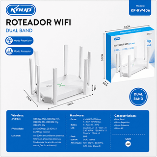ROTEADOR WIFI DUAL BAND KNUP KP-RW406