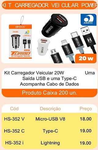 HREBOS - CARREGADOR VEICULAR 20W FONTE USB+TC COM CABO iOS - HS-352i