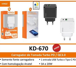 FONTE KAIDI USB + C 20W TURBO