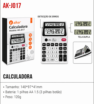 CALCULADORA AIKER ELETRONICA 12 DIGITOS DUPLO VISOR