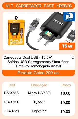 HREBOS - CARREGADOR 15W V8 - HS-372V