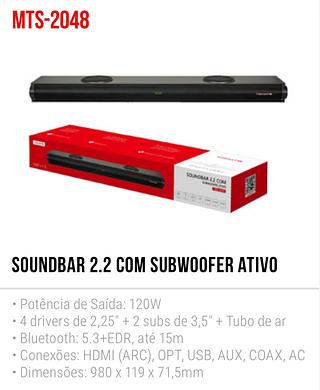 TOMATE - SOUNDBAR 2.2 COM SUBWOOFER ATIVO 120W - MTS-2048