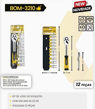 BOMVINK - KIT JOGO DE SOQUETES COM ENCAIXE DE1/2 12 PEÇAS - BOM-3210