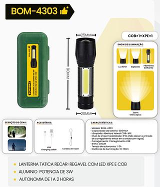 BOMVINK - LANTERNA RECARREGAVEL COM LED XPE E COB - BOM-4303