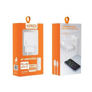 KAIDI - CARREGADOR COM FONTE USB A + USB C + CABO TC 20W - KD-670C