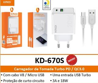 KAIDI - CARREGADOR FONTE USB + COM CABO V8 20W - KD-670S