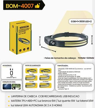 BOMVINK - LANTERNA DE CABEÇA COBRECARREGAVEL USB - BOM-4007