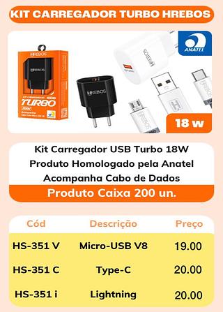 HREBOS - CARREGADOR TURBO 18W V8 - HS-351V
