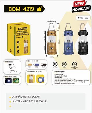 BOMVINK - LAMPIAO RETRO SOLAR INTERNA / LED CARREGAVEL - BOM-4219