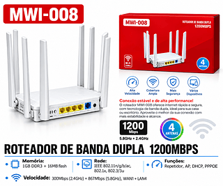 TOMATE - ROTEADOR WI-FI DUAL BAND 1200MBPS MWI-008 COM 4 ANTENAS