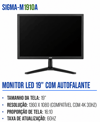 MONITOR 19” POLEGADAS WIDE FULL HD 16/10 5MS HDMI VGA COM AUDIO AITEK SIGMA-M1910A