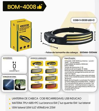 BOMVINK - LANTERNA DE CABEÇA COB RECARREGAVEL USB - BOM-4008