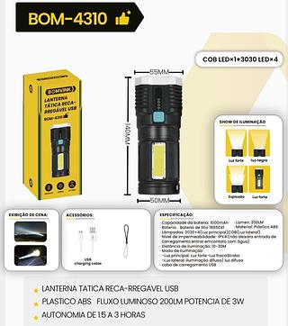 BOMVINK - LANTERNA TATICA RECARREGAVEL USB 3W - BOM-4310