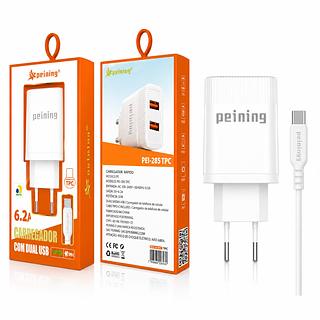 PENING - CARREGADOR TURBO 6.2A DUAL USB + CABO TIPO-C