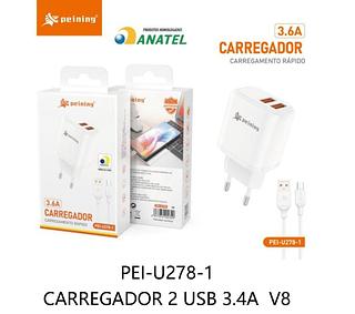 PEINING - CARREGADOR RAPIDO 2 USB 3.6A V8 - PEI-U278-1